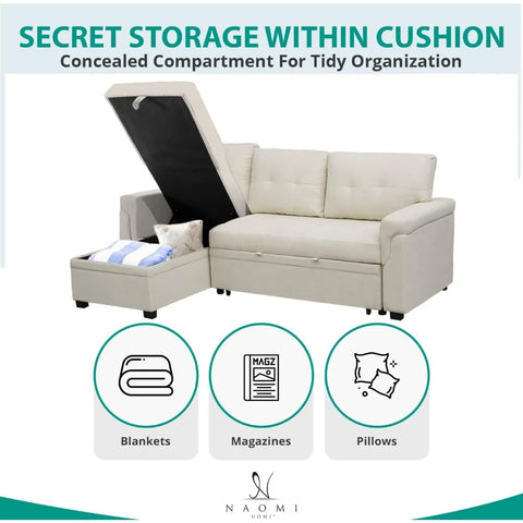 Sectional Sofa Sleeper with Storage Chaise, Tufted Pull-Out Couch with Storage,  L-Shaped Reversible Sleeper Sofa with Storage