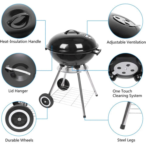 18 inch Portable Charcoal Grill, Stainless Steel BBQ Kettle Charcoal Grill with Wheels and Storage Holder for Camping,Picnic