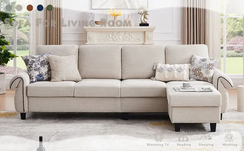 112" Sectional Sofa, 4-seat L-shaped couch, reversible ottoman, wooden legs, modern polyester upholstery, beige, for LR/apt