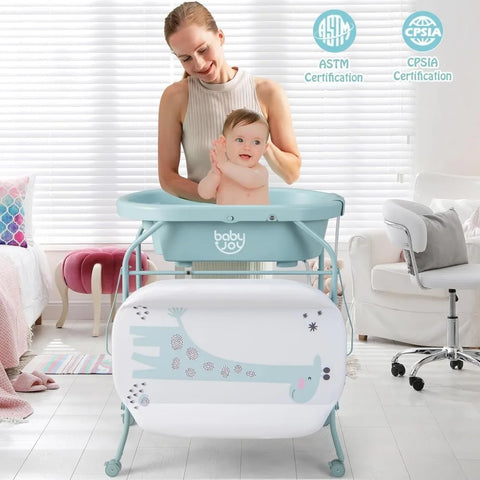 BABY JOY Baby Bathtub with Changing Table, Foldable Infant Diaper Changing Station with Storage Tray, Waterproof Pad, Portable