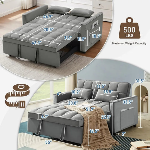 3-in-1 2-Seater Loveseat Pull Out Couch Reclining Backrest,Toss Pillows Pockets-Perfect for Small Spaces Velvet Sleeper Sofa Bed