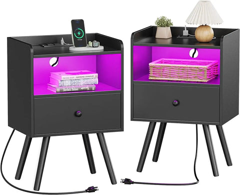 Nightstand with Charging Station and LED Lights, Bed Side Tables Set of 2, End Tables with Drawer