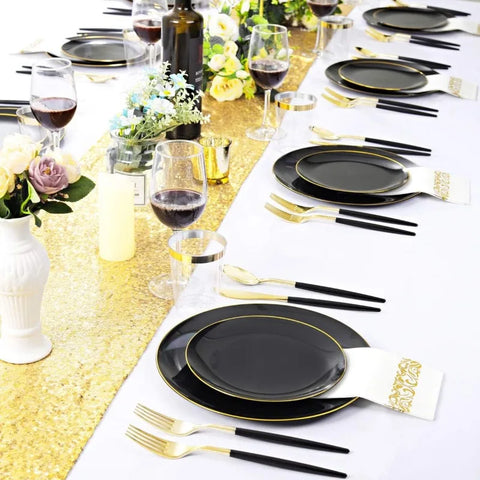 150pcs Black and Gold Dinnerware Set - Plastic Plates and Silverware for Birthdays, Parties, Weddings