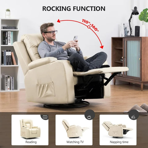 Recliner Chair, PU Rocking Chair for Adults, Swivel Recliner with Cup Holders, Heat and Massage, Single Sofa Seat