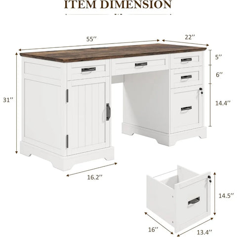 Executive Desk with Drawers, 55'' Farmhouse Desk Wooden, Home Office Computer Desk with File Cabinet and Charging Station, White