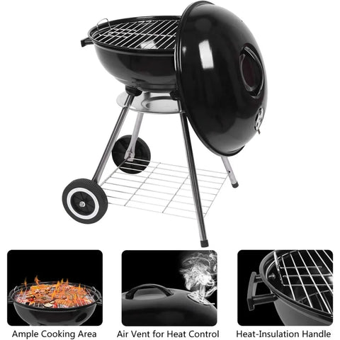 18 inch Portable Charcoal Grill, Stainless Steel BBQ Kettle Charcoal Grill with Wheels and Storage Holder for Camping,Picnic