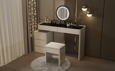 Makeup Vanity Desk Set with Lighted Mirror, Glass Top & Drawer Organizer,Lots Storage and Movable Cabinet for Bedroom, White