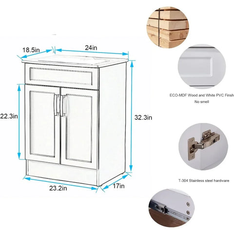 24" Bathroom Vanity, Small Bathroom Vanity with Sink, White Bathroom Sink Cabinet, Modern Bath Vanity Combo