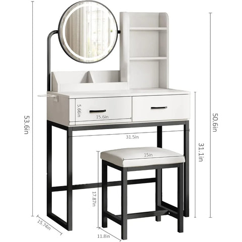 Makeup Vanity Desk with Mirror and Lights Makeup Table, Small Vanity Table for Bedroom with Lots Storage 3 Lighting Modes 31.5in