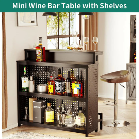 Mini Home Bar Unit with Music Sensing LED Light Liquor Wine Coffee Stand w Counter Tall Bar Table Top Alcohol Storage Shelf