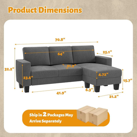 Sectional Sofa , 3 seat L-shaped Sofa with Coral Velvet Fabric, Movable Ottoman Small Couch for small Apartments, Grey Couch