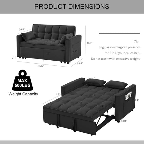 Couch Bed, Velvet Convertible Loveseat Sleeper Sofa with Level Adjustable Backrest, Storage Toss Pillows, Pull Out Sleeper