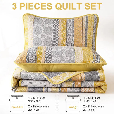 Boho Quilt Set , Yellow Bohemian 3 Pieces Quilt Sets, Lightweight Microfiber Bedspread Coverlet Bedding Set for All Season