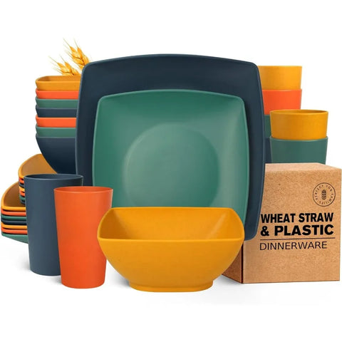 32-piece Plastic Wheat Straw Square Dinnerware Set for 8, Unbreakable Dinner Plates, Salad Plates, Snack Bowls, Tumblers