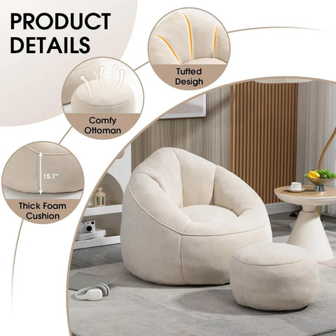 Bean Bag Sofa, Microfiber Upholstered with Petal Back, Padded Lazy Sofa with Footstool, Memory Foam Stuffed Bean Bag Couch