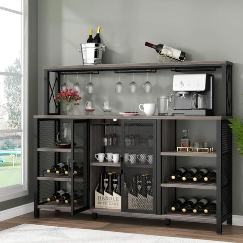 Wine Bar Cabinet with Drawer and LED Lights, 55 Inches Industry Coffee Bar Cabinet with Wine Rack and Glass Goblet Holder