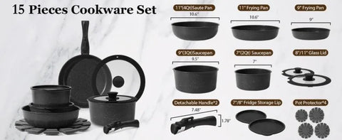 SODAY 15pcs Pots and Pans Set Nonstick - Kitchen Cookware Set with Detachable Handle, Induction Cookware, Dishwasher Oven Safe