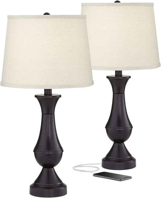 Regency Hill Traditional Touch Table Lamps 25" High Set of 2 with Hotel Style Modern USB Charging Port LED Bronze Oatmeal Drum S