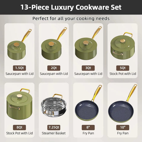 Nuwave Lux LE 13-Pc Cookware Set with Elegant Gold Handle, Diamond Infused Ceramic Non-Stick, PFAS Free, Premium Metal Lids,