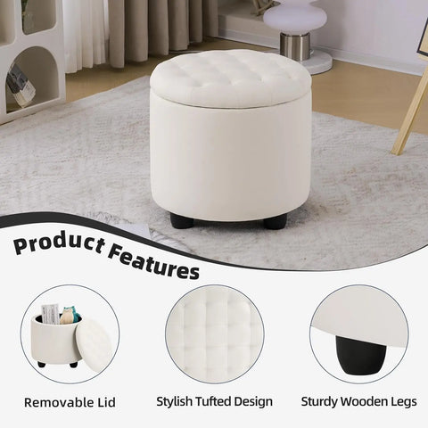 Round Storage Ottoman,Button Tufted Ottoman Foot Stools Ottoman Footstool with Removable Lid Storage Ottoman for Living Room,