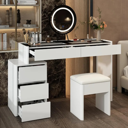 Makeup Vanity Desk Set with Lighted Mirror, Glass Top & Drawer Organizer,Lots Storage and Movable Cabinet for Bedroom, White