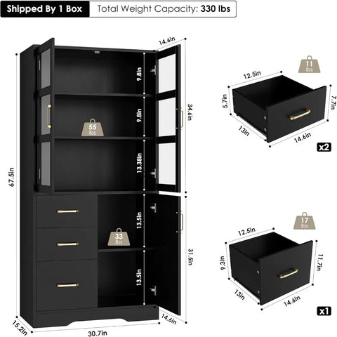 Tall Storage Cabinet with 2 Glass Display Door & Shelves & 3 Drawer, 67"H Tall Kitchen Pantry Cabinet,  Black