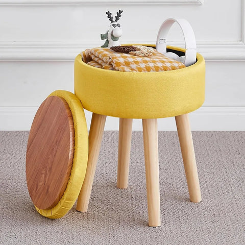 Storage Ottoman Foot Stool Linen Round Vanity Stool Tray Top Footstool with Wood Legs Multifunctional Upholstered Foot Rest