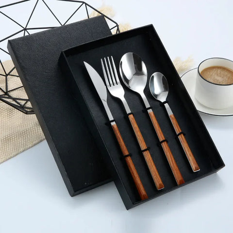 4Pcs 304 Stainless Steel Dinnerware Sets Glossy Silver Wooden Tableware Western Food Knife Fork Teaspoon Cutleries