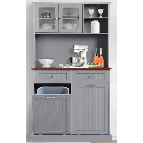 Kitchen Pantry Storage Cabinet, Microwave Cabinet with Tilt Out Trash Cabinet, Freestanding Kitchen Hutch,Tall Pantry Cabinet