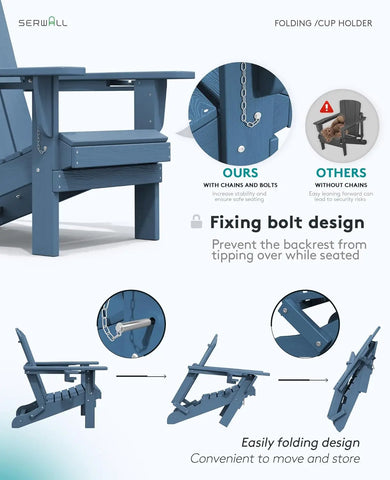 Folding Adirondack Chair, HDPE Adirondack Chairs Set of 4, Plastic Outdoor Chairs- Looks Exactly Like Real Wood- Navy