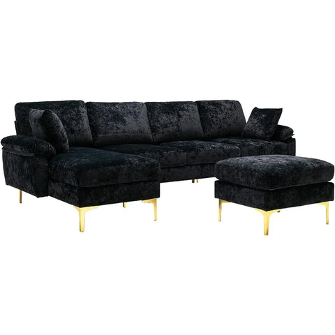 U-Shaped Sectional Sofa Couch, Modern Velvet Couch Set with Chaise Lounge, Ottoman and Pillows for Living Room Office Apartment