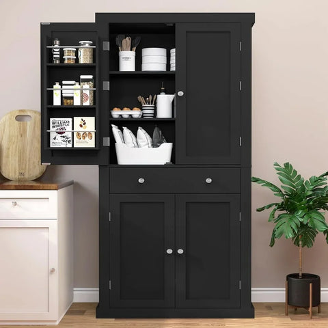 Cabinets.72” Kitchen Pantry Cabinet, Tall Storage Cabinet with 4 Doors and 1 Drawer,Freestanding Cupboard with 6 Hanging Shelves