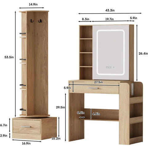 Natural Makeup Vanity Desk with Full Length Mirror and LED Lights Mirror Bedroom Dressing Vanity Table with 3 Lighting Modes