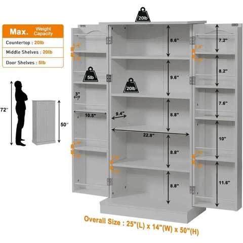 LED Kitchen Pantry Storage Cabinets, 50 Inch FreeStanding, 2 Doors and Shelves Adjustable for Living Room, Kitchen Buffet