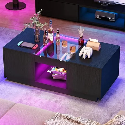 LED Coffee Table with LED Lights,Large Living Room Center Tables with USB Ports and Type-C Modern Coffee Table with Storage