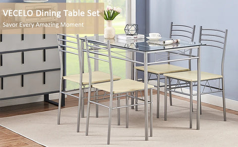 5 Piece Dining Table Set for 4 with Chairs, Glass Tabletop, Small Space, Silver