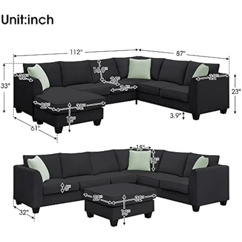 Living sofa,Modern Large U, 7 Seat Fabric Set with Movable Ottoman, L Shape Sectional Sofa Corner Couch with 3 Pillows