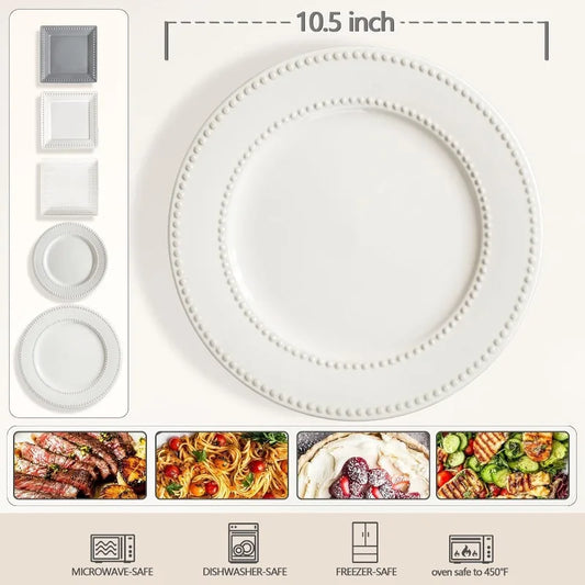 Dinner Plates Set of 4, 10.5 inch White Ceramic Plates, Embossed Salad Plates, Serving Plates