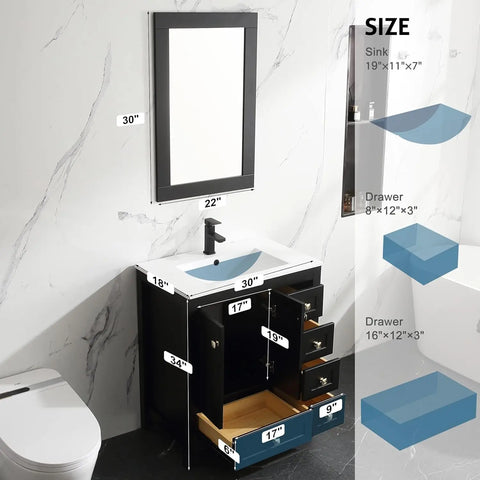 30" Bathroom Vanities Cabinet with Sink Combo Set, Undermount Ceramic Sink w/Thickened Wood, Matte Black Faucet