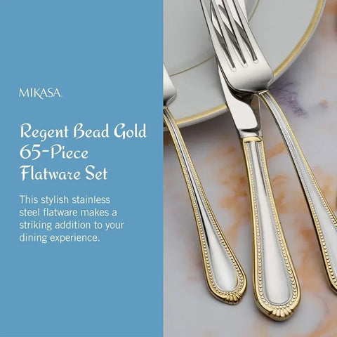 Regent Bead Gold 65-Piece Stainless Steel Flatware Set French Tableware Service for 12 Dinnerware Sets Utensils for Kitchen Fork