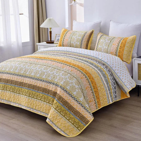 Boho Quilt Set , Yellow Bohemian 3 Pieces Quilt Sets, Lightweight Microfiber Bedspread Coverlet Bedding Set for All Season