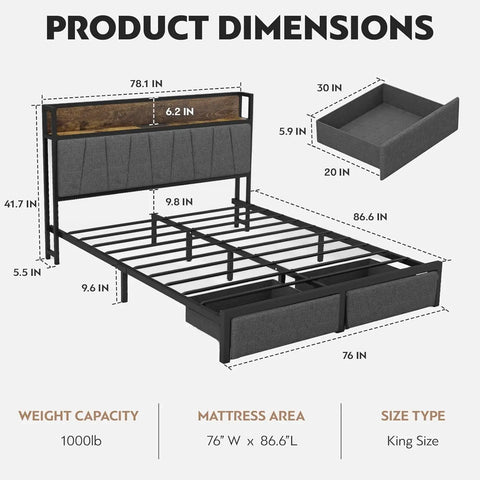 Bed Frame with Headboard and Storage, King size Platform Bed Frame with Drawers Storage Chargin Station LED Light Bed Frame