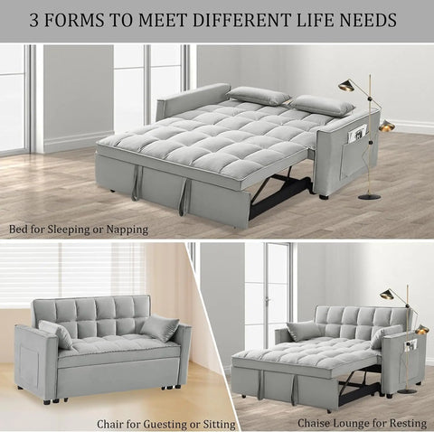 Couch Bed, Velvet Convertible Loveseat Sleeper Sofa with Level Adjustable Backrest, Storage Toss Pillows, Pull Out Sleeper