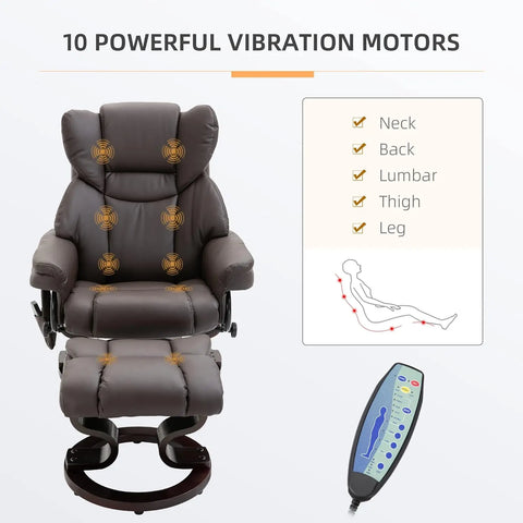 Massage Recliner Chair with Ottoman Footrest, 10 Vibration Points, 360° Swivel Reclining Chair, Faux Leather Living Room Chair