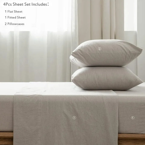 Bedding Sheet Set 100% Washed Cotton Linen Like Textured Breathable Durable Soft Comfy