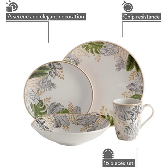 Dinnerware Set 16-pieces Earthenware, Natural, Ceramic Sets for 4, Microwave and Dishwasher Safe