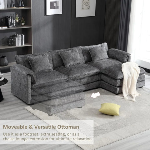 Sectional Sofa Couch for Living Room, Modern Chenille L Shaped Couch, Modular Sofa Sleeper with Moveable Ottoman & Memory Foam