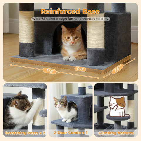 H184CM Large Cat Tower with Sisal Scratching Posts Spacious Condo Perch Stable for Kitten Multi-Level Tower Indoor Cozy Hummocks