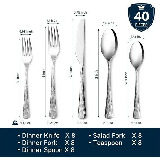 Hammered Silverware Set, 40-Piece Flatware Set for 8, 18/10 Stainless Steel Premium Cutlery with Unique Ripple Handles