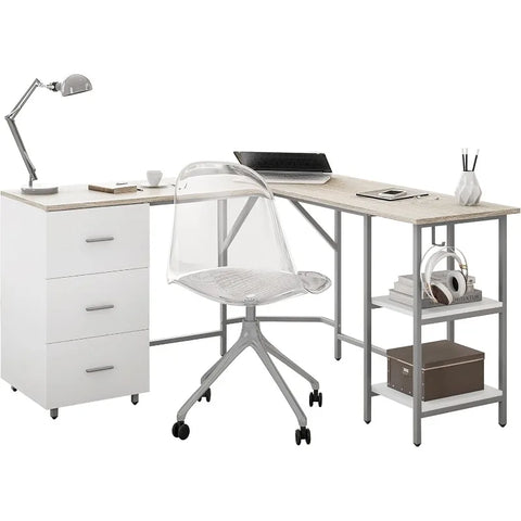 L Shaped Desk - Two-Toned Computer Desk with Drawers & Storage Shelves - Simple Modern Furniture & Home Office Space Corner Tabl